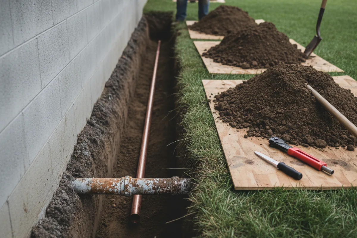 Excavated water line trench during Water Softener Installation in Lambertville